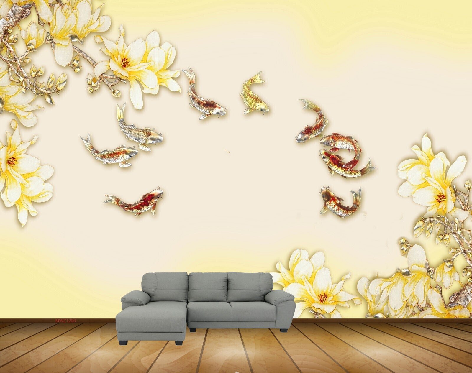 Avikalp MWZ1290 Yellow White Flowers Fishes 3D HD Wallpaper