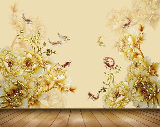 Avikalp MWZ1291 White golden Flowers Fishes 3D HD Wallpaper