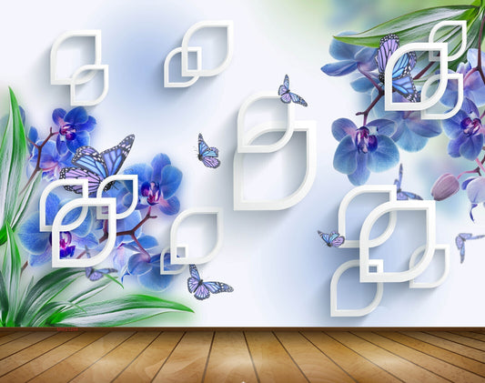 Avikalp MWZ1294 Blue Flowers Leaves Butterflies 3D HD Wallpaper