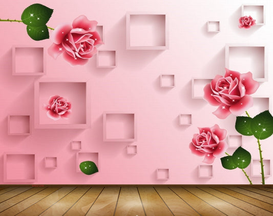 Avikalp MWZ1296 Pink Rose Flowers Leaves 3D HD Wallpaper