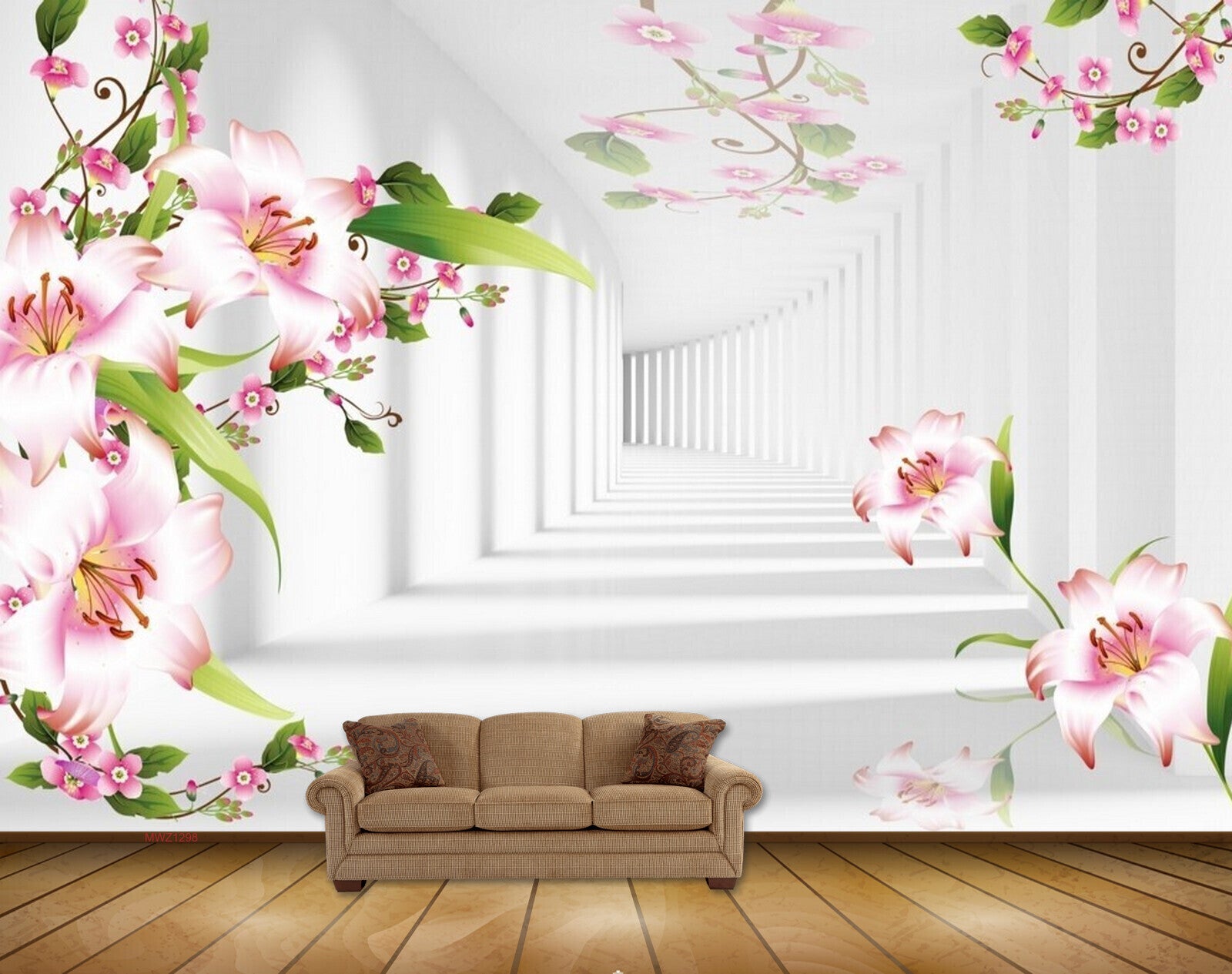 Avikalp MWZ1298 Pink White Flowers Leaves 3D HD Wallpaper