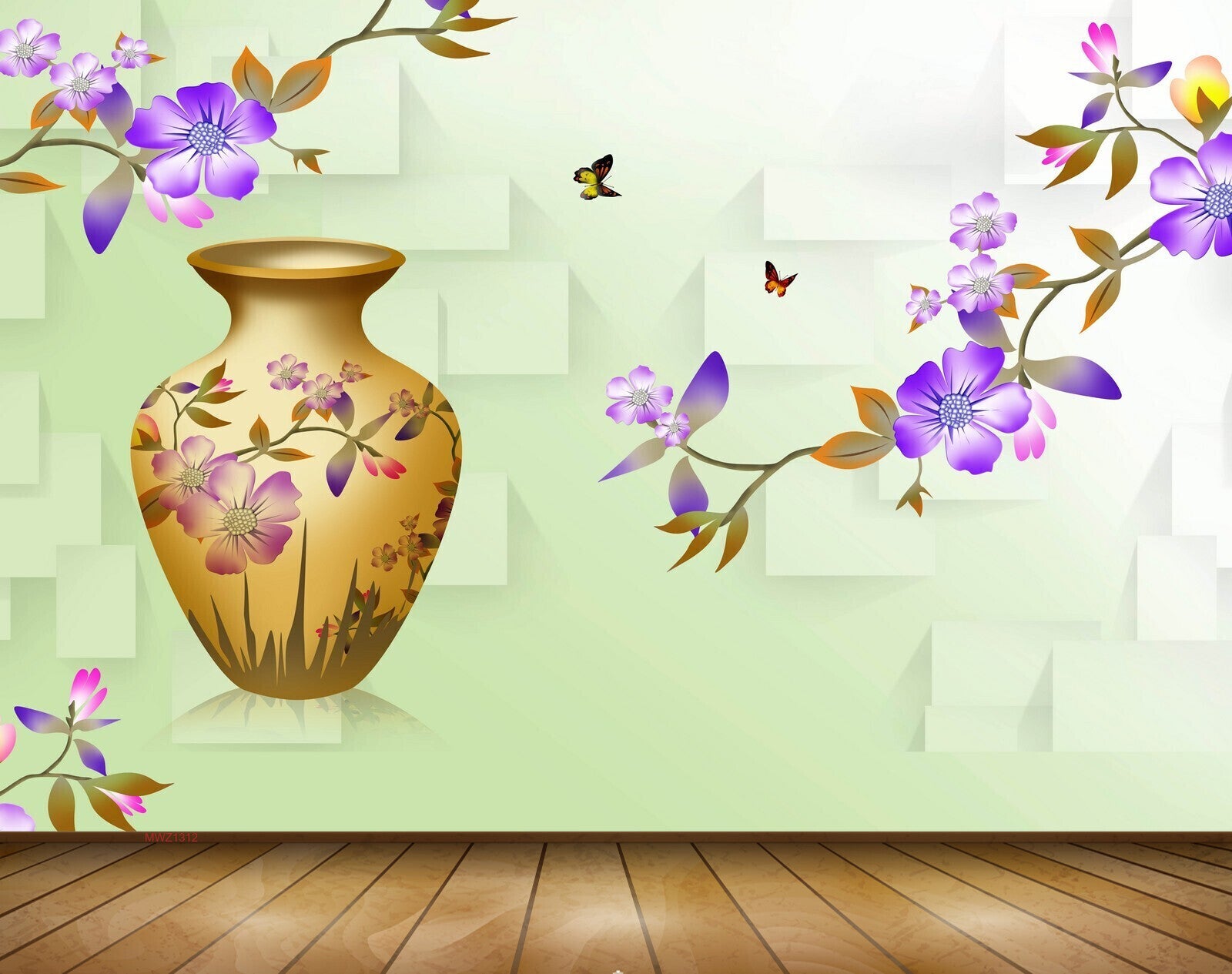 Avikalp MWZ1312 Pot Purple Flowers Butterflies 3D HD Wallpaper