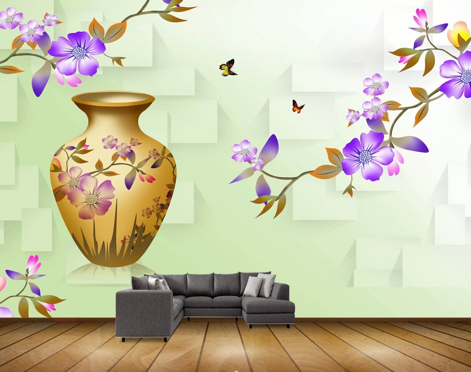 Avikalp MWZ1312 Pot Purple Flowers Butterflies 3D HD Wallpaper