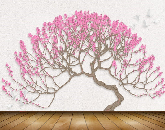 Avikalp MWZ1341 Tree Pink Flowers Birds 3D HD Wallpaper