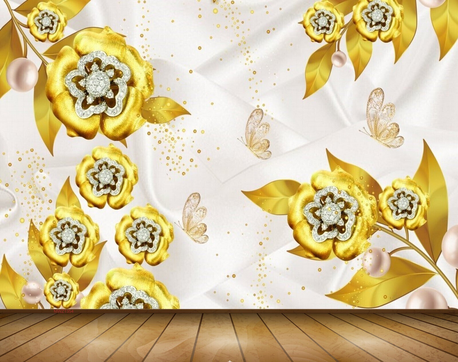 Avikalp MWZ1354 Golden Flowers Butterflies 3D HD Wallpaper