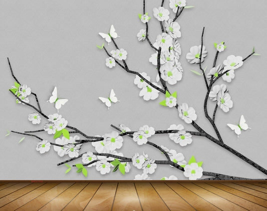 Avikalp MWZ1355 White Flowers Branches Butterflies 3D HD Wallpaper