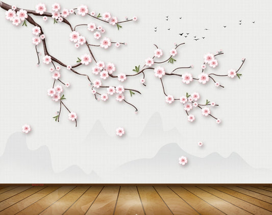 Avikalp MWZ1356 White Pink Flowers Branches Birds 3D HD Wallpaper