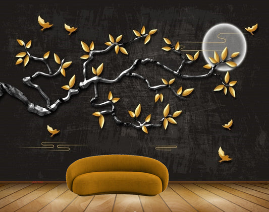 Avikalp MWZ1360 Orange Flowers Branches Moon Birds HD Wallpaper