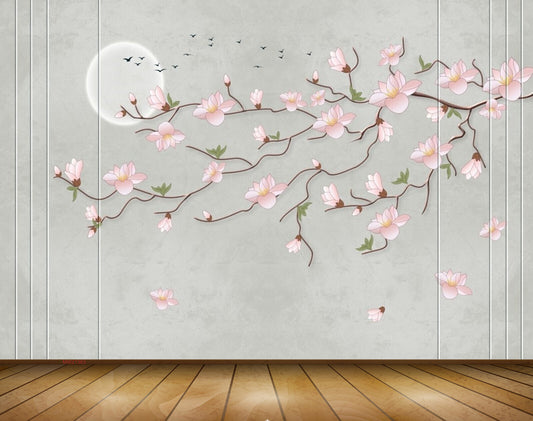 Avikalp MWZ1363 White Pink Flowers Moon Birds 3D HD Wallpaper