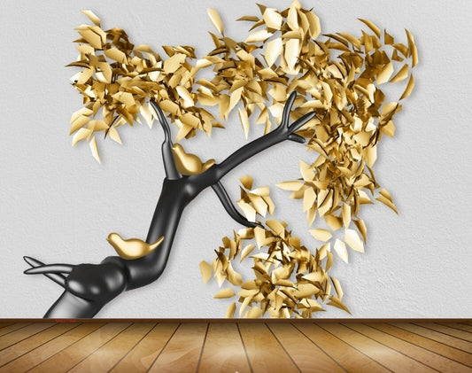 Avikalp MWZ1364Golden Leaves Birds Branches 3D HD Wallpaper