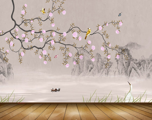 Avikalp MWZ1370 Pink Flowers Branches Birds Crane Boat Butterflies 3D HD Wallpaper