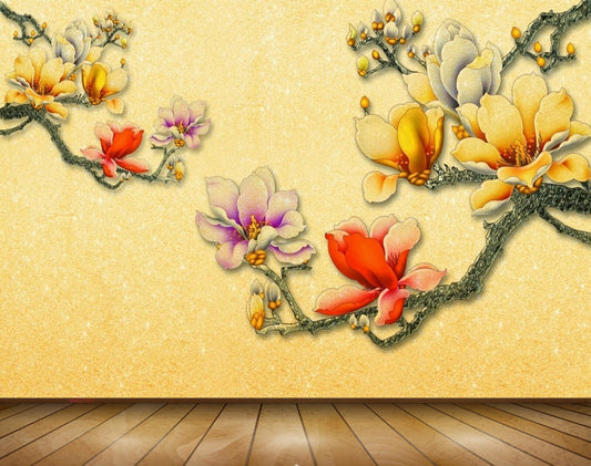 Avikalp MWZ1381 Orange Pink Red Flowers Branches 3D HD Wallpaper