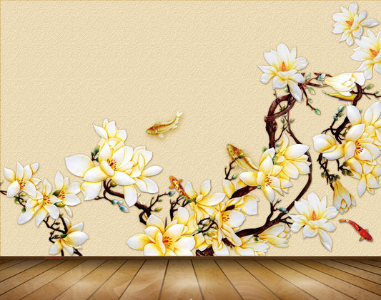 Avikalp MWZ1382 White Yellow Flowers Fishes Branches 3D HD Wallpaper