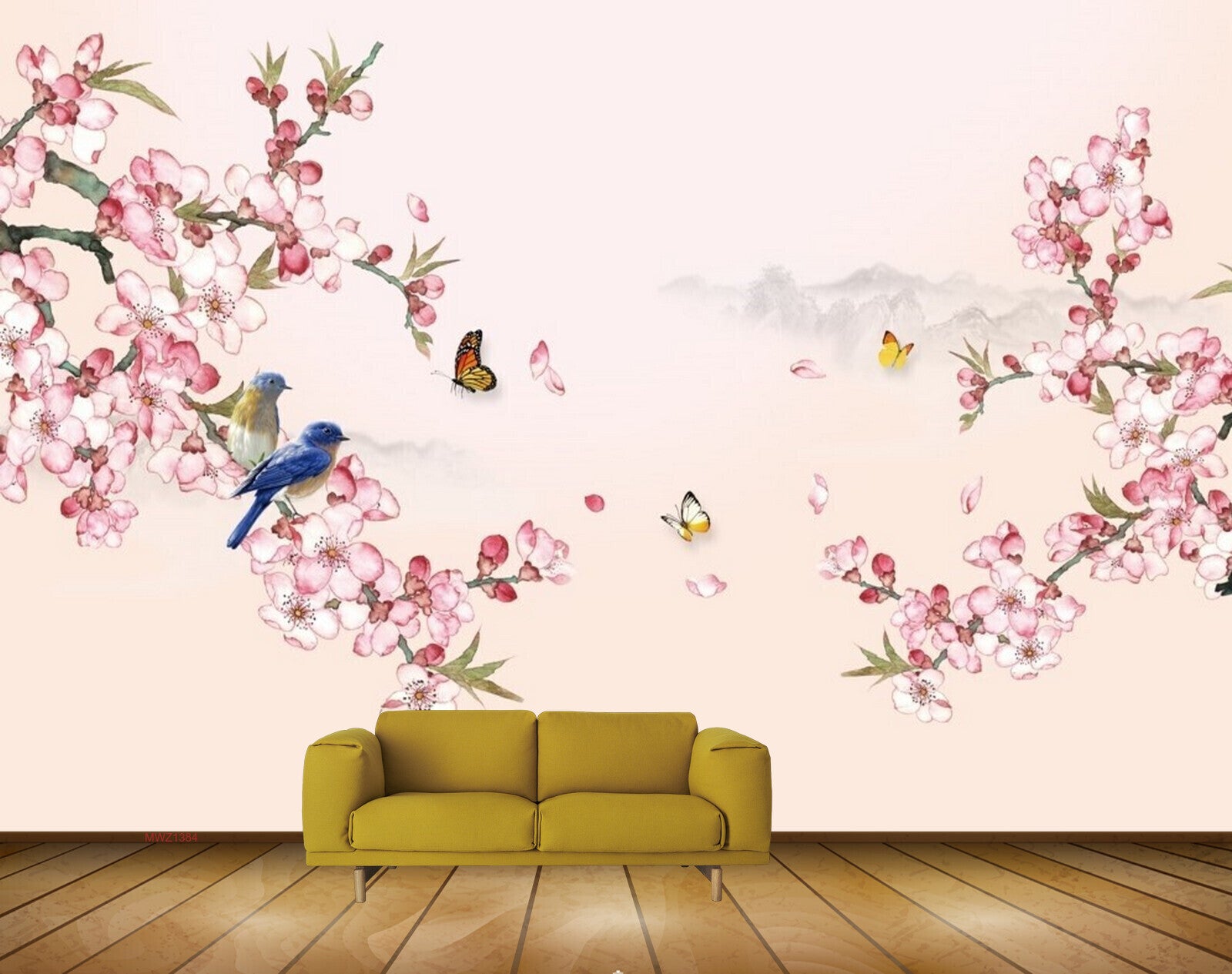 Avikalp MWZ1384 Pink Flowers Birds Butterflies 3D HD Wallpaper