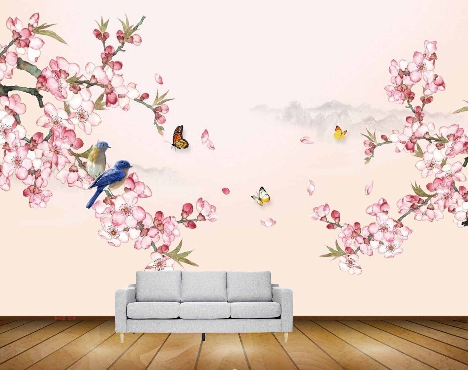 Avikalp MWZ1384 Pink Flowers Birds Butterflies 3D HD Wallpaper