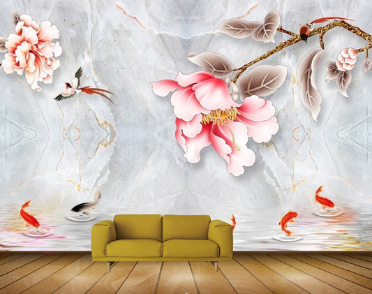 Avikalp MWZ1391 Pink White Flowers Fishes Birds HD Wallpaper