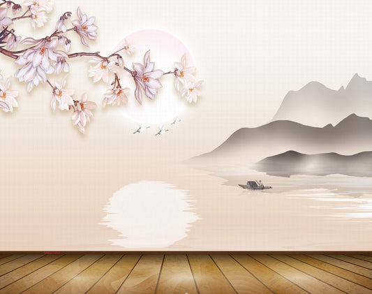 Avikalp MWZ1393 Pink White Flowers Mountains Birds River Sun 3D HD Wallpaper