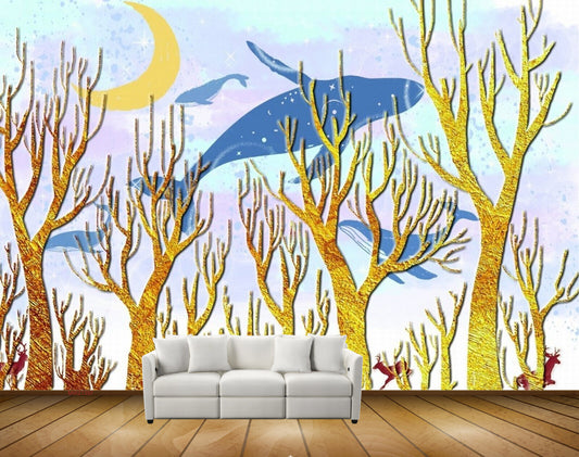 Avikalp MWZ1397 Golden Treed Fishes Moon Deers HD Wallpaper