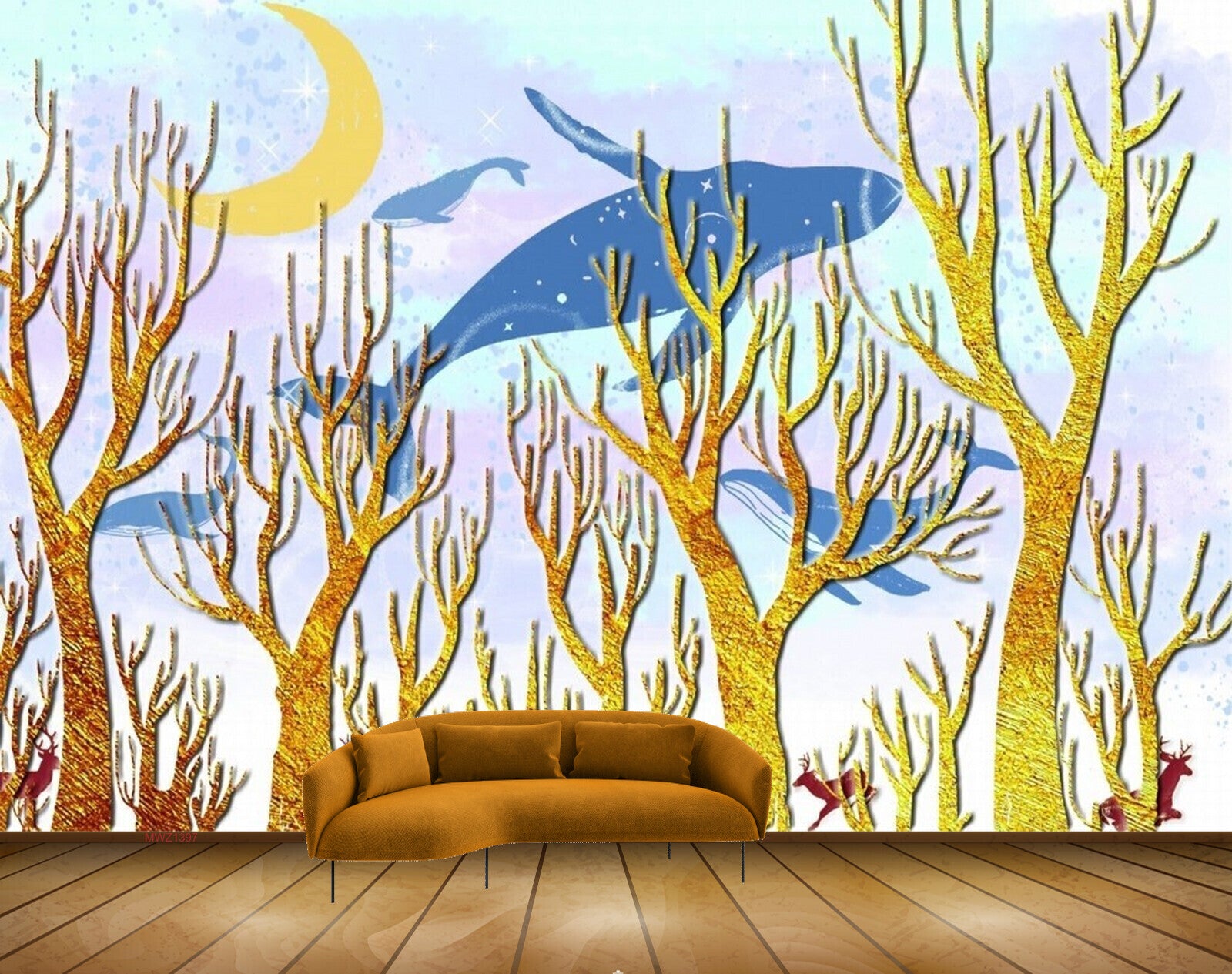 Avikalp MWZ1397 Golden Treed Fishes Moon Deers 3D HD Wallpaper