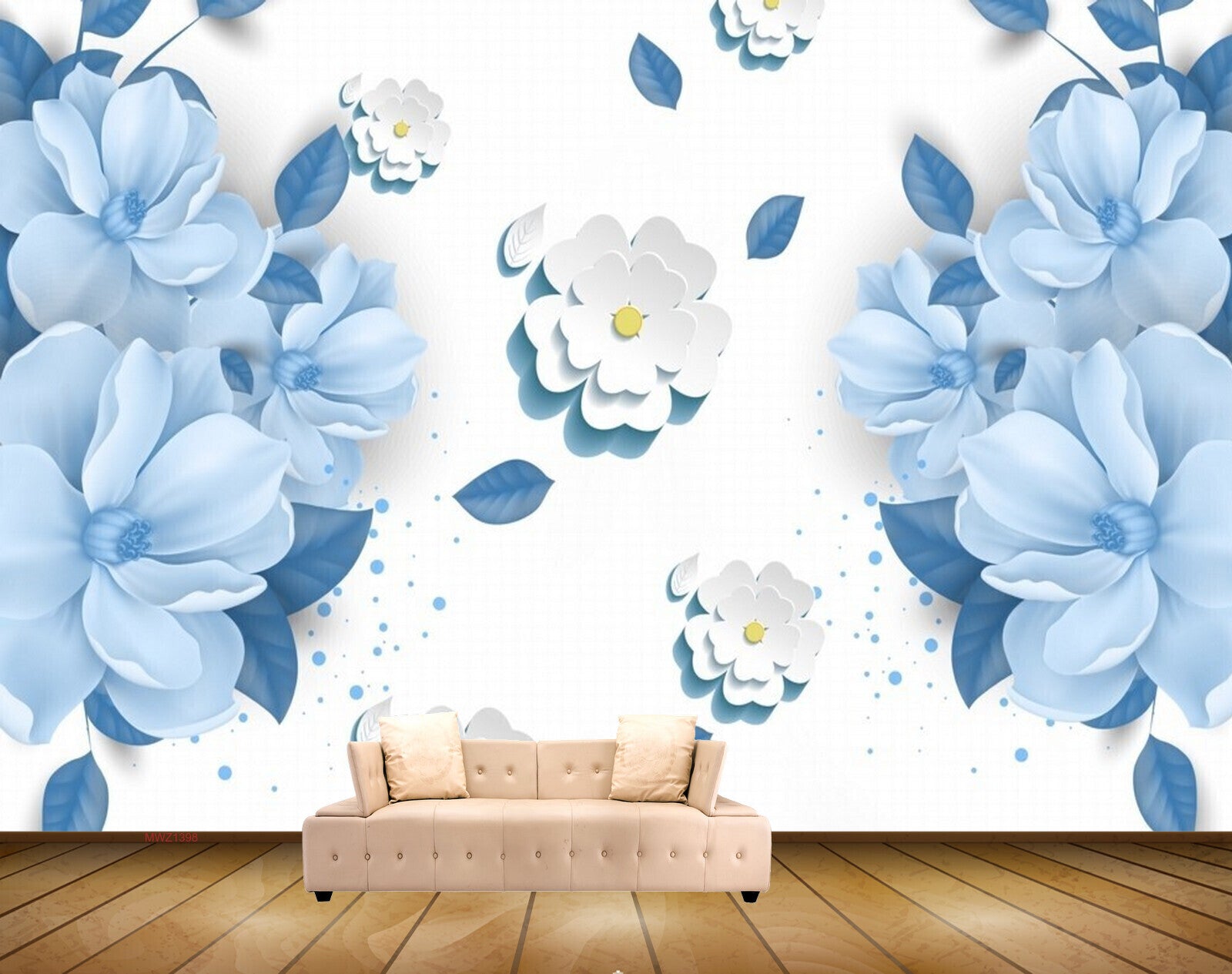 Avikalp MWZ1398 White Blue Flowers 3D HD Wallpaper