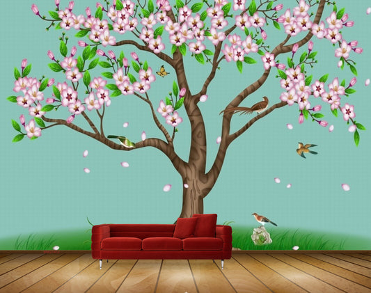 Avikalp MWZ1412 Pink Flowers Tree Birds HD Wallpaper