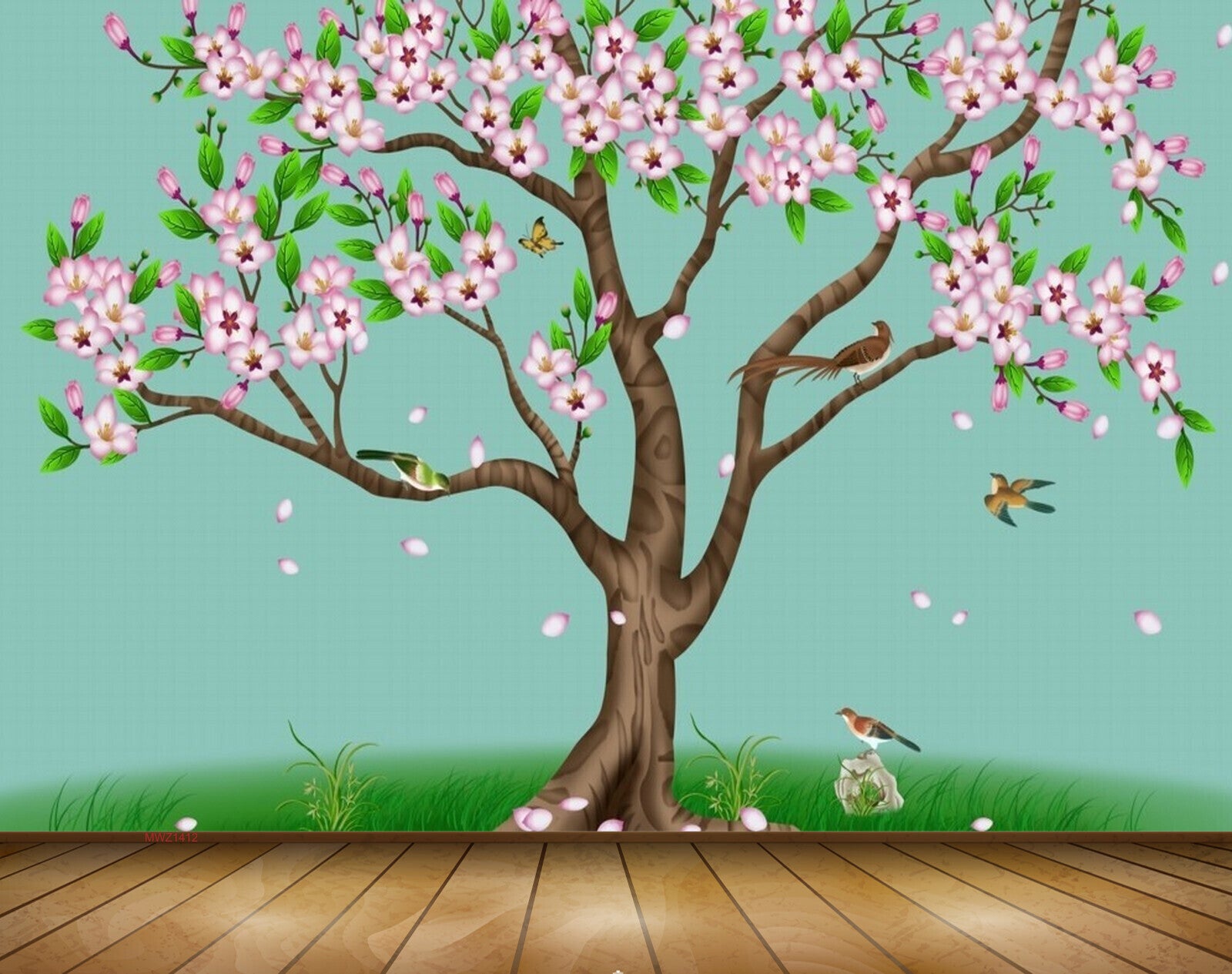 Avikalp MWZ1412 Pink Flowers Tree Birds 3D HD Wallpaper