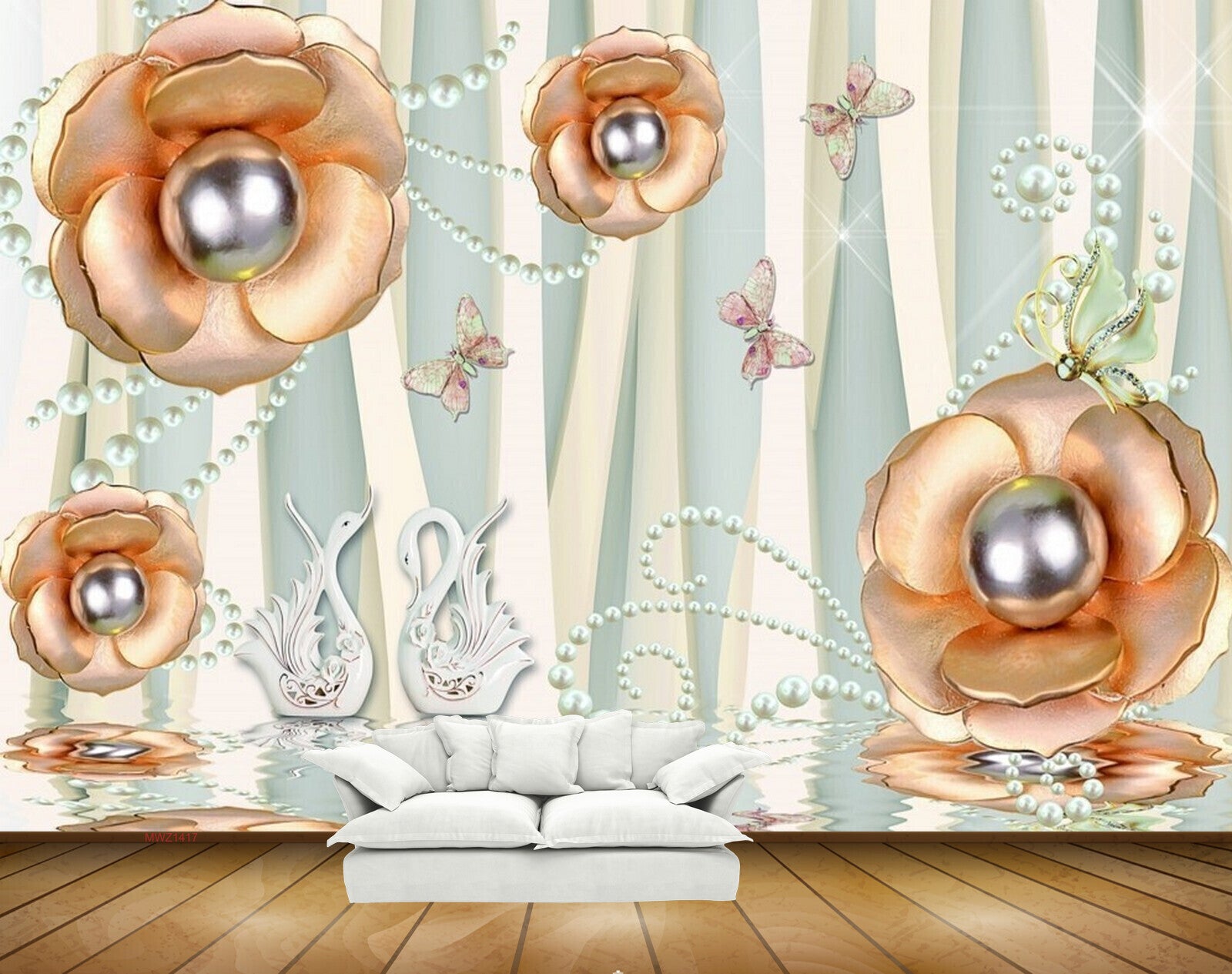 Avikalp MWZ1417 Orange Pearl Flowers Butterflies Swans 3D HD Wallpaper