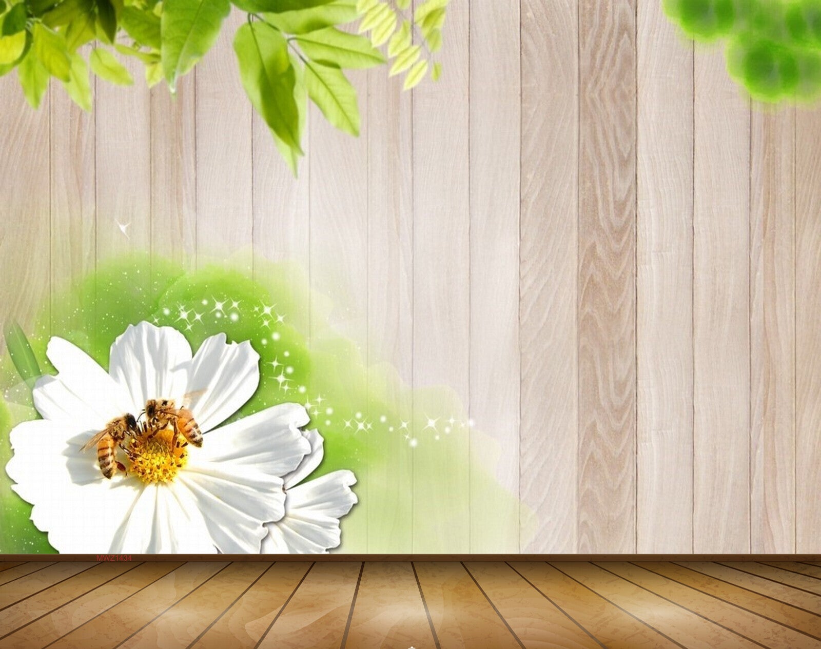 Avikalp MWZ1434 White Flower Honeybees Leaves 3D HD Wallpaper