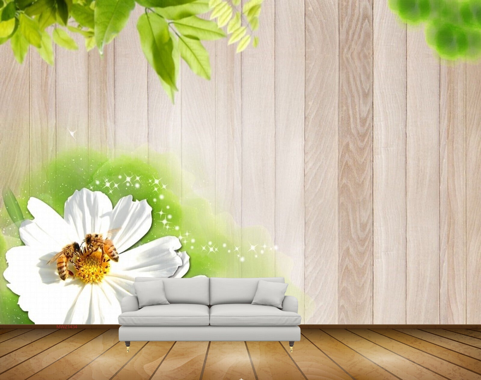 Avikalp MWZ1434 White Flower Honeybees Leaves 3D HD Wallpaper