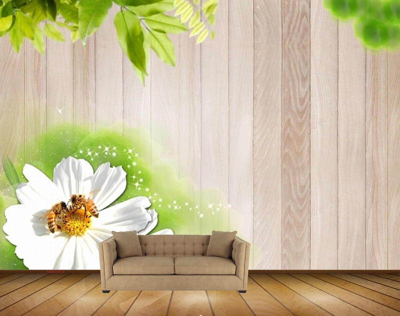 Avikalp MWZ1434 White Flower Honeybees Leaves 3D HD Wallpaper