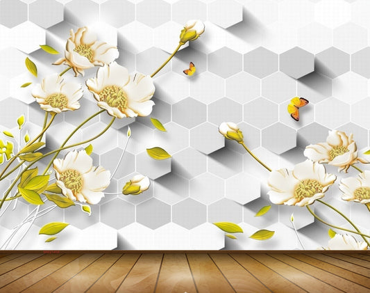 Avikalp MWZ1458 White Green Flowers Butterflies 3D HD Wallpaper