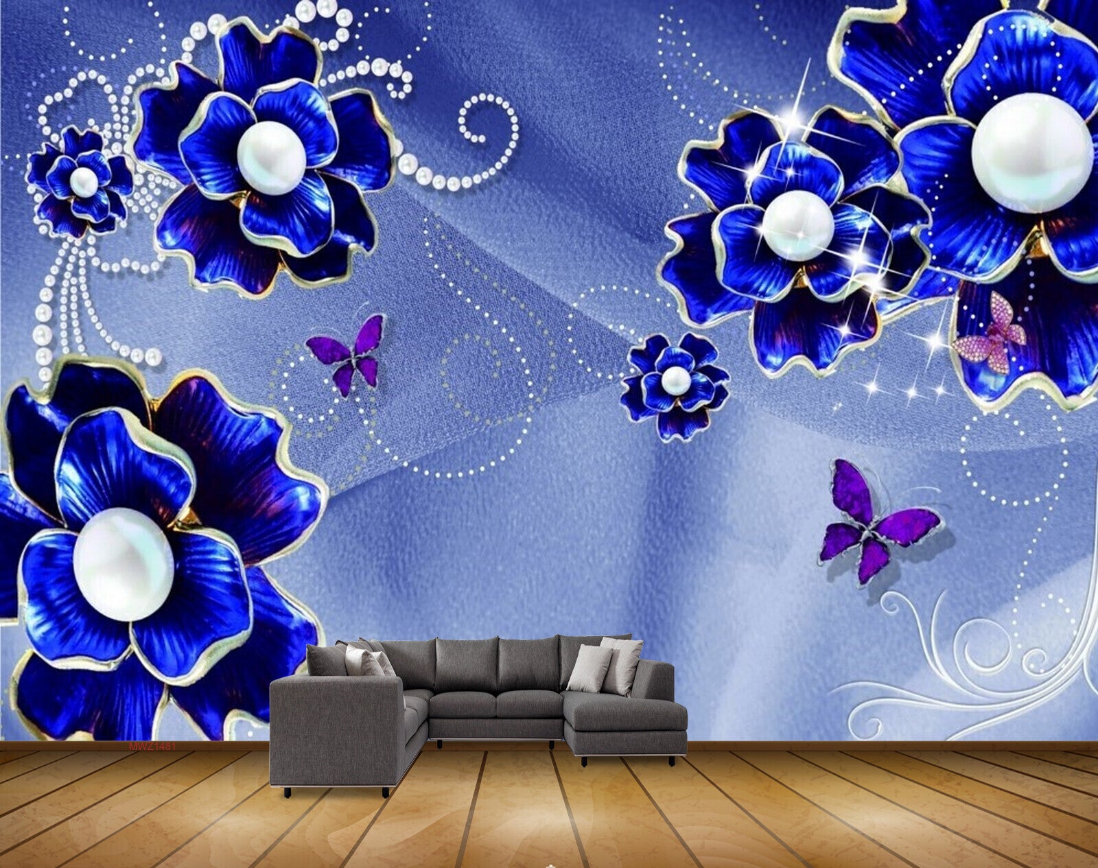 Avikalp MWZ1481 Blue Flowers Butterflies HD Wallpaper