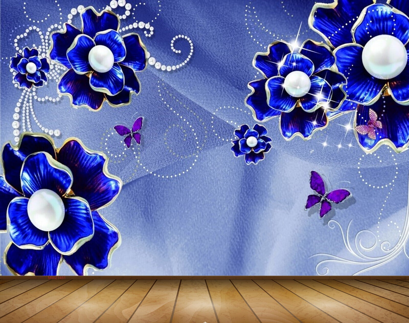 Avikalp MWZ1481 Blue Flowers Butterflies 3D HD Wallpaper