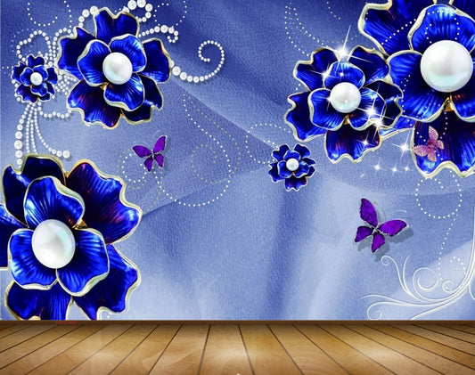 Avikalp MWZ1481 Blue Flowers Butterflies 3D HD Wallpaper