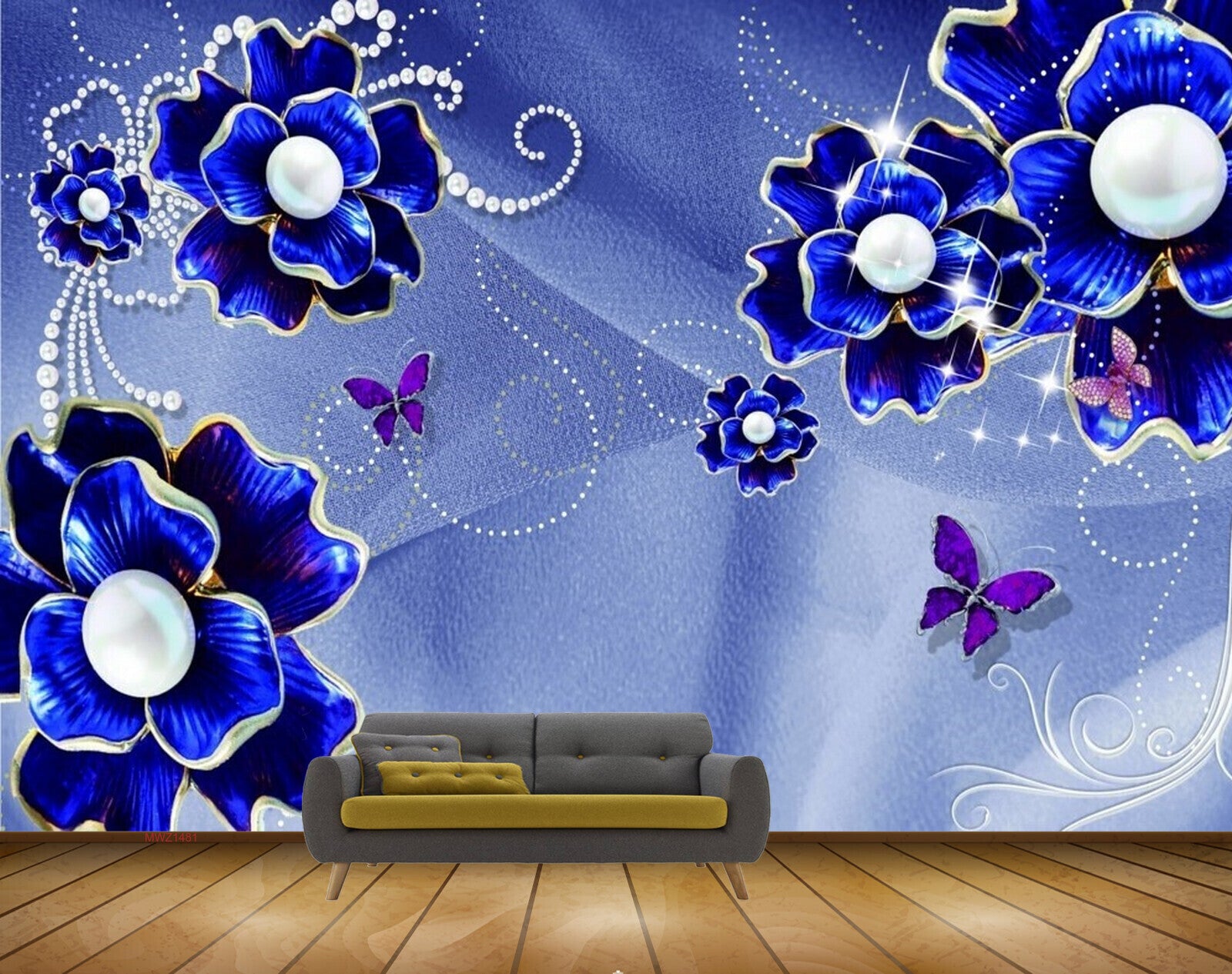 Avikalp MWZ1481 Blue Flowers Butterflies 3D HD Wallpaper