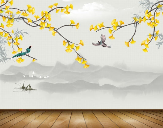 Avikalp MWZ1498 Yellow Flowers Branches Birds Boat 3D HD Wallpaper