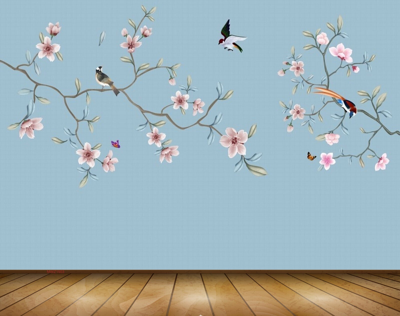 Avikalp MWZ1503 Pink White Flowers Birds 3D HD Wallpaper