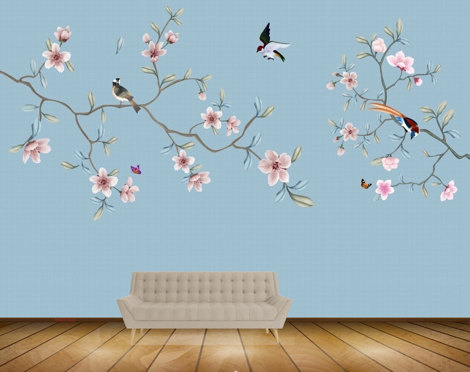 Avikalp MWZ1503 Pink White Flowers Birds 3D HD Wallpaper