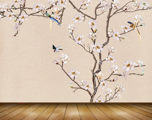 Avikalp MWZ1509 White Pink Flowers Tree Birds 3D HD Wallpaper