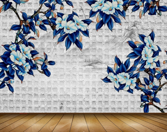 Avikalp MWZ1518 White Blue Flowers Leaves Branches 3D HD Wallpaper