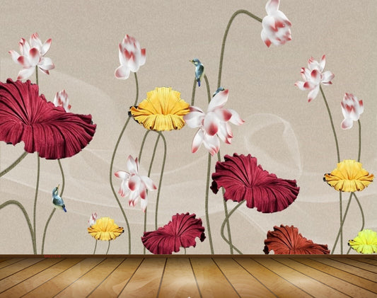 Avikalp MWZ1519 Red White Yellow Flowers Birds 3D HD Wallpaper