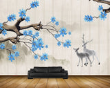 Avikalp MWZ1524 Blue Flowers Branches Deers HD Wallpaper