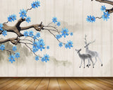 Avikalp MWZ1524 Blue Flowers Branches Deers 3D HD Wallpaper