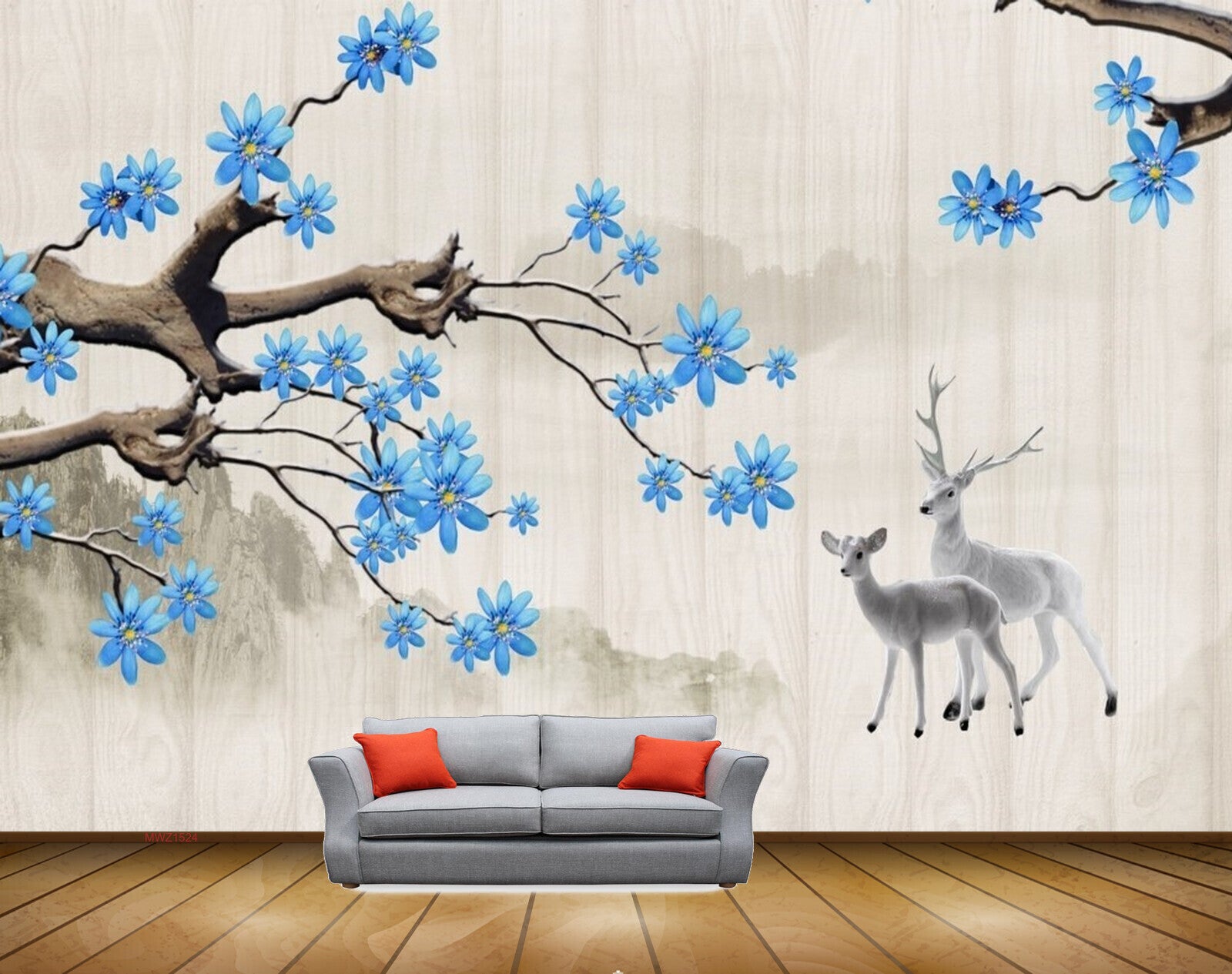 Avikalp MWZ1524 Blue Flowers Branches Deers 3D HD Wallpaper