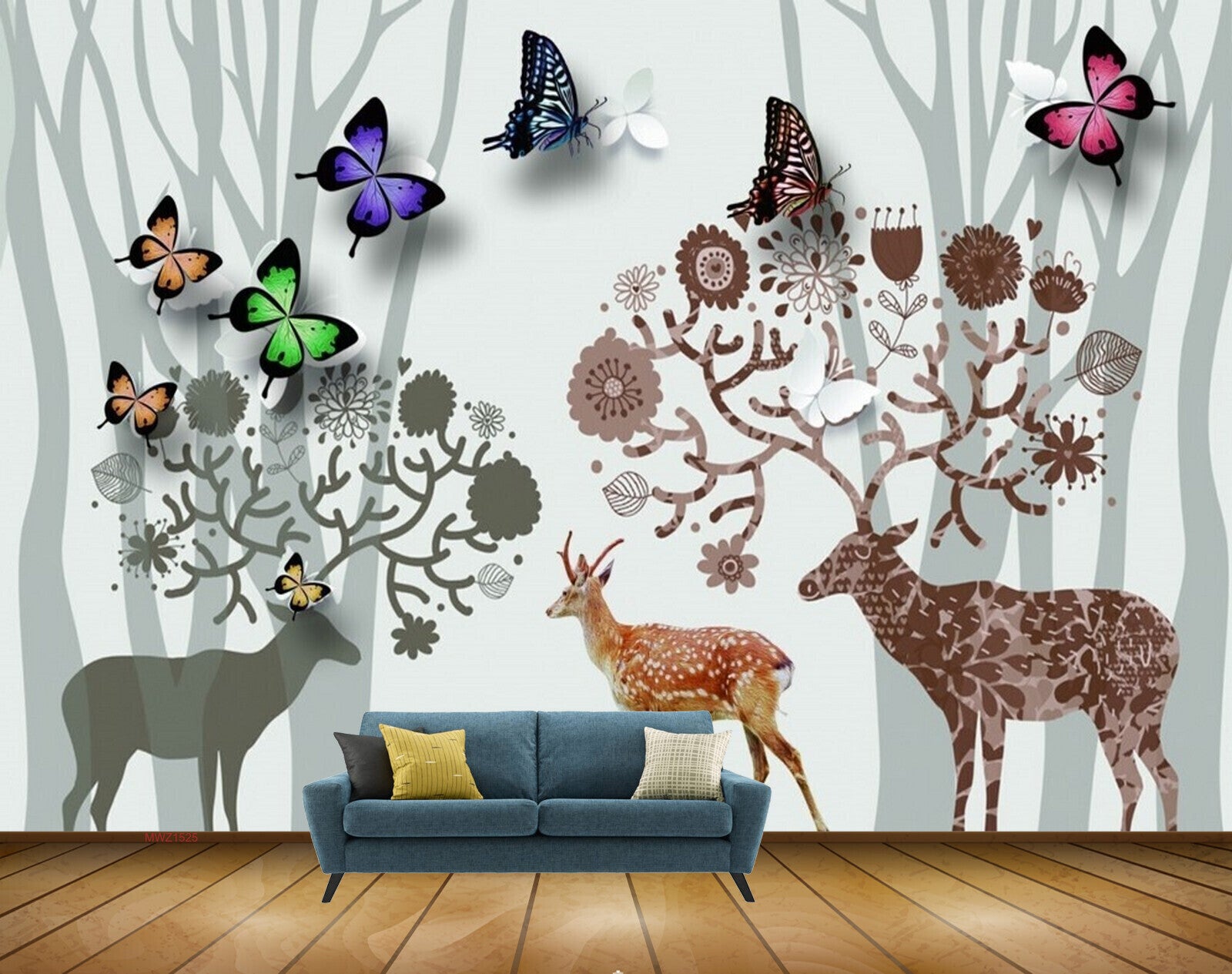 Avikalp MWZ1525 Butterflies Deers Animals Trees 3D HD Wallpaper