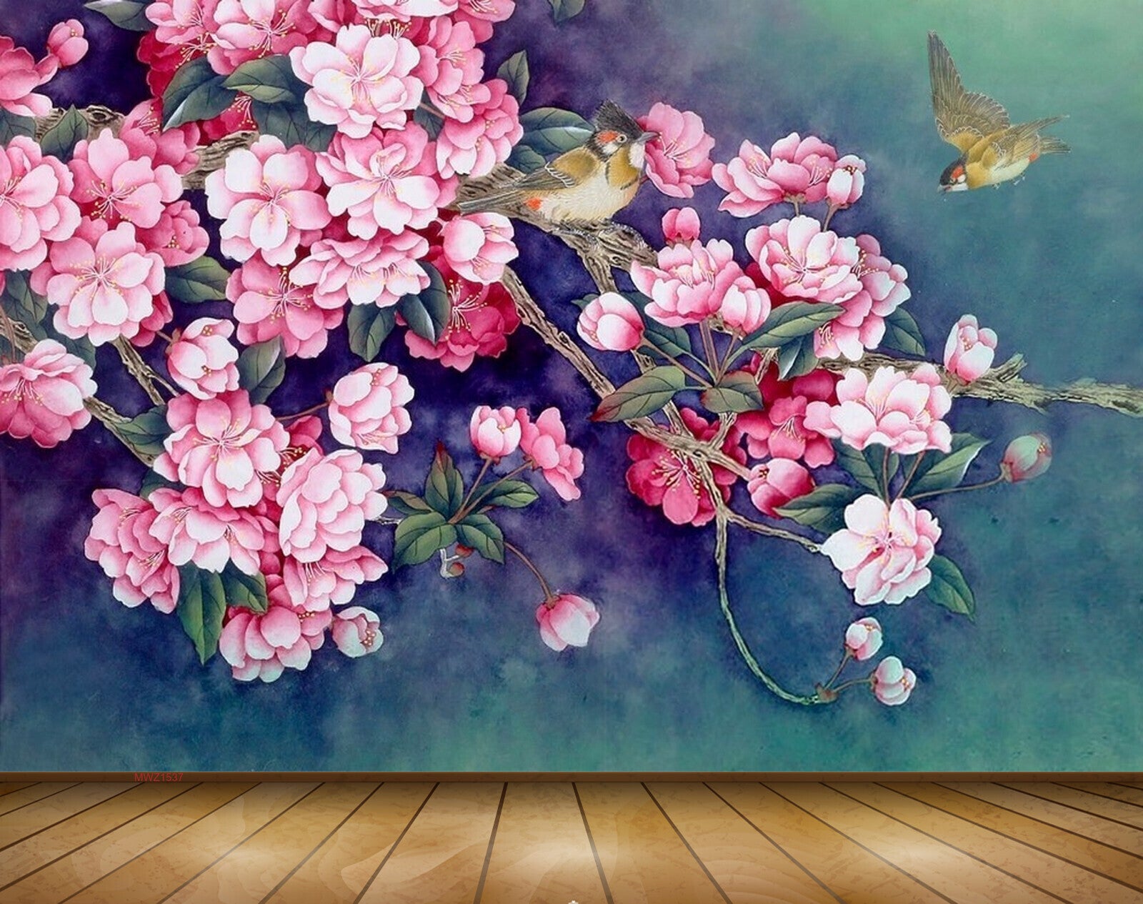 Avikalp MWZ1537 White Pink Flowers Branches Birds 3D HD Wallpaper