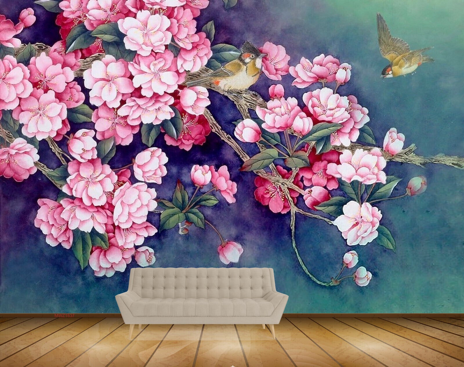 Avikalp MWZ1537 White Pink Flowers Branches Birds 3D HD Wallpaper