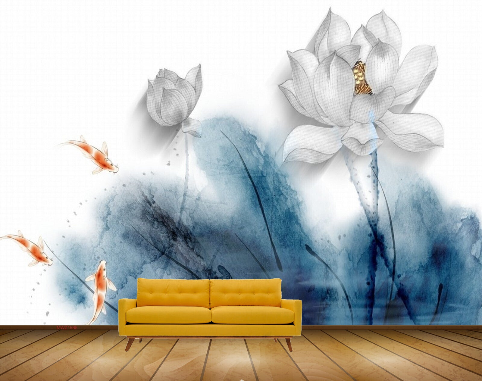 Avikalp MWZ1586 White Flowers Fishes 3D HD Wallpaper