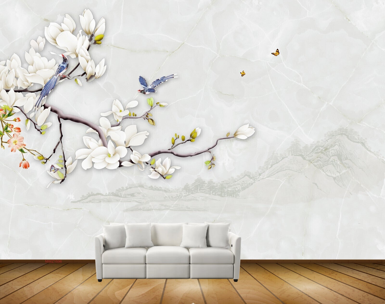 Avikalp MWZ1596 White Flowers Birds Branches Butterflies HD Wallpaper