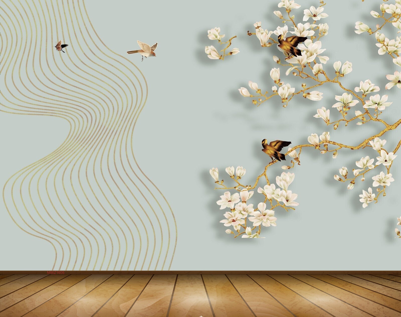 Avikalp MWZ1605 White Golden Flowers Birds 3D HD Wallpaper